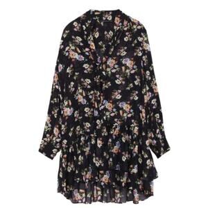 Zara Black Floral Semi Sheer Chiffon Tunic Ruffle Cocktail Mock Neck Dress